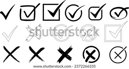  checkmark and cross Vector illustration set. Perfect for vote, survey, poll, checkbox, ballot, list, choice, option, decision, approve, reject, confirm, cancel concepts. diverse styles 