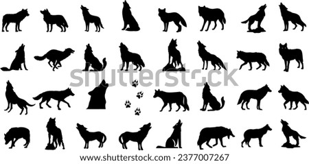  Wolf Silhouette Vector Illustration, perfect for wildlife enthusiasts, featuring a howling wolf against a moonlit sky. Ideal for use in projects related to nature, wildlife, and wilderness 