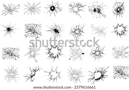 Cracked glass vector illustrations, a unique collection of broken glass patterns on a white background depict the beauty of destruction and the fragility of glass. capture essence of shattered glass