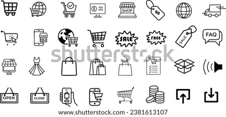 online retail, e-commerce, shopping, ecommerce vector icon set. Perfect for web design, app design, and other graphic design projects. Includes shopping cart, sale tag, gift box, and more.