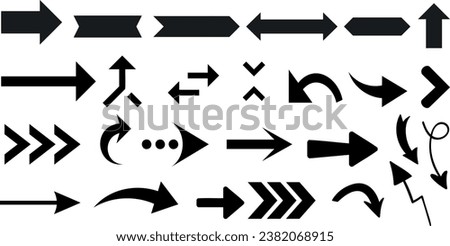 diverse arrow icons vector illustration showcasing black arrows. Styles include straight, curved, and zigzag arrows, varying in size. Ideal for web, app interface, and navigation symbol use. 