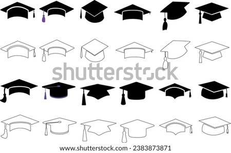 Graduation cap vector illustration isolated on white background. Different styles, academic education symbol. Perfect for university, college, school degree ceremony, celebration.
