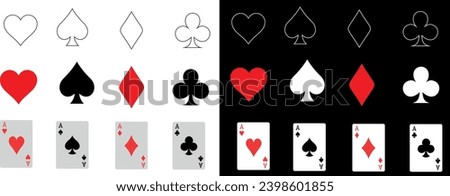 playing card suits, hearts, spades, clubs, diamonds Vector illustration. Ideal for poker, casino, gambling, game, deck, ace, face cards, court cards, pip cards