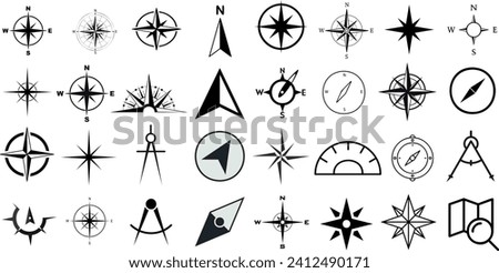 Compass, navigation, exploration icon set. Vector illustrations of diverse compass rose designs. Perfect for travel, adventure, maritime themes. Black outlines, white background