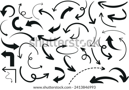 Black vector arrows, curved arrow, directional icons set. Ideal for web design, mobile apps, interface. Diverse styles, directions, right, left, up, down, swirl, spiral, refresh, reload