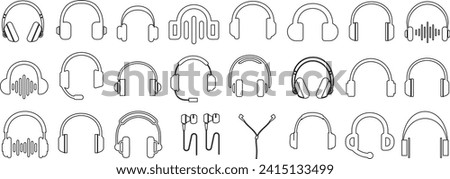 Headphones vector set, audio equipment, music listening devices. Collection of various styles, types of headphones, earbuds, wireless, professional DJ gear in black outline design