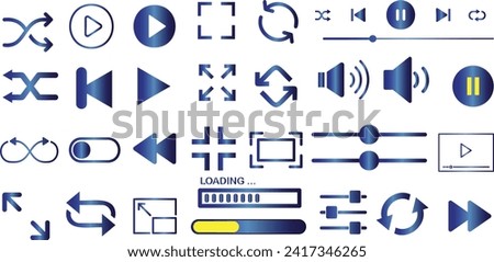 Media player control icons vector set. Play, pause, stop, rewind buttons. Modern UI elements for music, video apps, web design. Blue interface symbols on white background