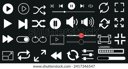 Media player vector icon set. Includes play, pause, stop, record, volume control, loading bar, fast forward, rewind, mute symbols. Ideal for digital media, streaming services, online video platforms
