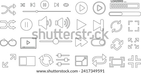 Modern media player solid vector icons set. Collection includes play, pause, stop, record, fast forward, rewind buttons. Perfect for audio video controls, multimedia interface