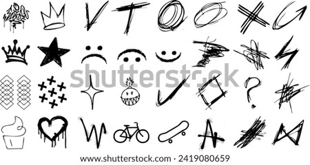 Urban art vector, graffiti elements, street style icons, hand drawn doodles, arrows, stars, crowns, faces, hearts, black sketches on white background