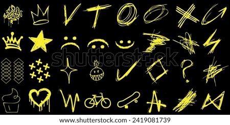 Urban art vector set, neon yellow graffiti icons on black. Crowns, arrows, stars, hearts in street style. Perfect for modern design, stickers, decals