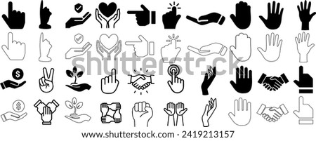 Hand gestures vector collection, diverse styles, outline, filled, realistic. thumbs up, peace sign, stop hand, clapping, pointing finger, love heart Perfect for web design, icons, educational content