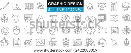 Graphic Design Line Icon Set, vector outline tools for web, app design. Pencil, brush, paint bucket, typography tools, layers on white background.