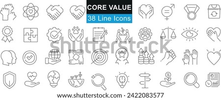 Core Value 38 Line Icons, business ethics principles set. Ideal for web, branding, infographics. Showcasing teamwork, innovation, quality. Clean, minimal design