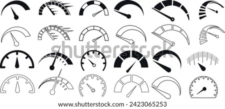Speedometer, gauge vector collection. Black icons for speed, performance, pressure. Ideal for vehicle dashboard design, apps, websites. Editable stroke