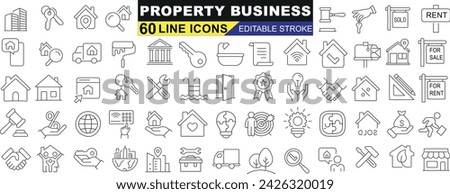 property business, real estate line icon set. Houses, rent, sale, lease agreements, keys, lock, handshake, dollar sign, calculator, charts, construction tools, location pin, mailbox
