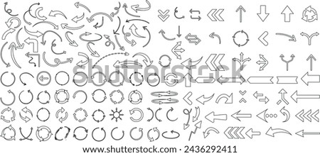 vector set of diverse arrows, circles, lines. Ideal for web design, presentations, infographics. Editable stroke, scalable graphics. Black arrow symbols. Directional icons for user interface
