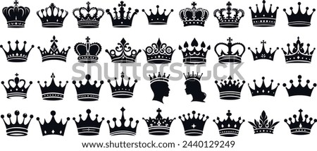 Crown vector collection, royal luxury symbols, black crown silhouettes, diverse crowns designs, isolated on white background, symbolizing power, authority, and majesty.