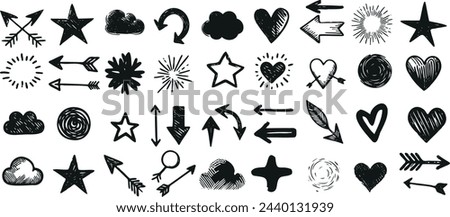 Hand drawn, black vector icon collection. Features weather, love, navigatiols. Perfect for web design, apps, creative projects. Includes stars, hearts, clouds, arrows, sun