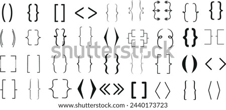 essential bracket symbols in various styles, Black braces symbols,brackets, curly, square, angle bracket, perfect for coding, design, web development, apps, software. 