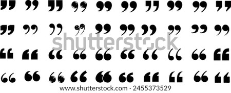 Collection of diverse quotation marks, black symbols on white, mix of solid and calligraphic styles, single and double quotes. Ideal for typography, writing, and language related content