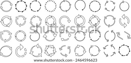 Circular arrow vector, cycle round arrow line art, refresh, reload, repeat icons. Black outline on white background for web design, user interface or infographic