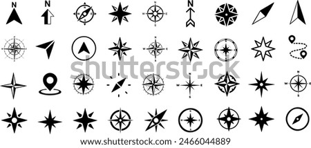 compass icon collection, compass vector illustrations for map, travel, Cartography, adventure themes. Diverse styles: classic, modern, abstract. Direction symbols on white