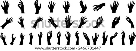 hand gesture silhouette collection, isolated on white. Perfect hand vector for communication, body language, design elements. Includes pointing, thumbs up, grabbing, holding