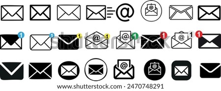 Email icon vector set features envelopes, notifications, and at symbols. Ideal for messaging apps, communication designs, and email marketing