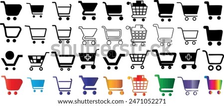 Shopping cart icon set, black and colorful shopping carts vector design elements, ecommerce, online store, retail, grocery, digital marketing, UX UI design