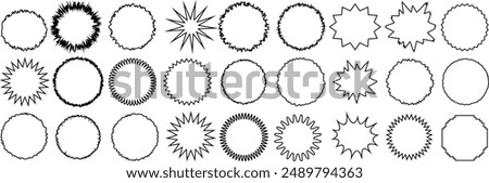 jagged circle and abstract vector burst shapes, starburst outlines, sunburst designs, retro radial badges, decorative circles, vintage elements illustration isolated on white background