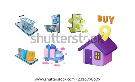 3D icon E-commerce house pin location for online shopping. Online shopping, add to cart and send house location to get home delivery.