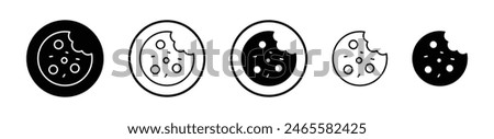 Cookie icon set. Chocolate biscuit with bite vector symbol and milk cookie pictogram.