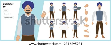 Illustration of Sikh man, wearing business casual clothing with a turban in a set of multiple poses. Easy to edit with editable line strokes and isolated on white background. Suitable for animation.