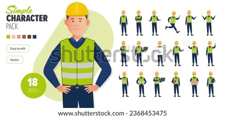 Simple flat construction maintenance  worker vector character in a set of multiple poses. Easy to edit and isolated on a white background. Modern trendy style character mega pack with lots of poses.