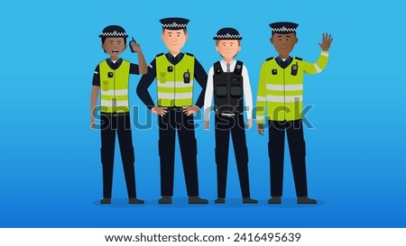 Simple flat British police officers vector characters concept. Friendly policeman and policewoman from United Kingdom, smiling and waving. Easy to edit flat modern trendy style.