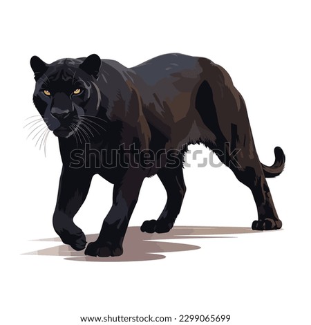 A sleek and majestic black panther prowls through a white, isolated vector abstract background, its piercing eyes scanning the surroundings for potential prey. 