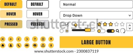 Yellow Icons and Buttons: Default, Hover, and Pressed Buttons, Large Button, Field Box, Drop Down Box, Checkbox, Star Ratings, Toggle On and Off, Slider Bars, Search, Loading, and Various Small Icons 