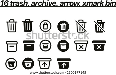 16 Trash, Archive, Arrow, Xmark Bin Icon Set 