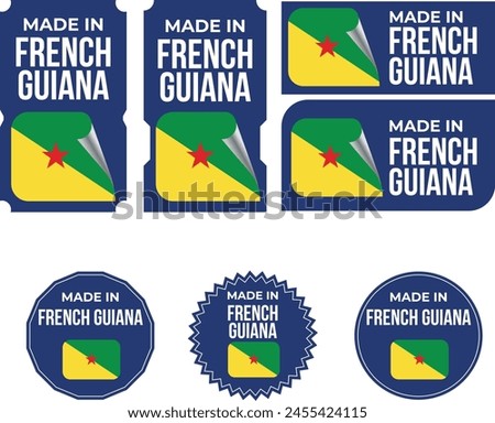 Made in French Guiana, vector logos with French Guiana flag painted circles and stripe
