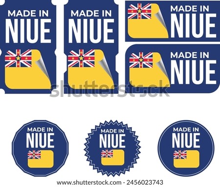 Made in Niue, vector logos with Niue flag painted circles and stripe