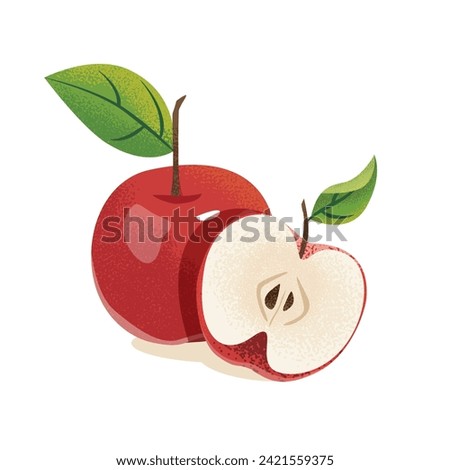 Charming red apple with half of the apple cut off. abstract Fruit Market retro poster. Modern naive groovy funky interior decorations, paintings. Healthy vegetarian snack food fruit, vector 