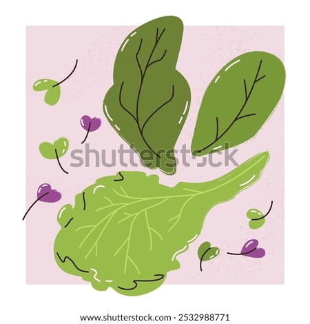 Modern trend concept micro green illustration, sprouts of greens and lettuce leaves, oregano, basil, spinach, organic vegetarian diet. Fresh organic food illustration for menu, cafe, restaurant, AD