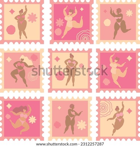 A set of fun postage stamps with curvy girls, plus-size women. Vector illustration of body positive vibes, fun, positive vacation lifestyle.
