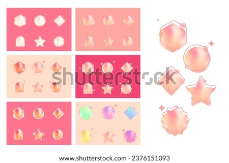 Collection of aesthetic light neon gradient geometric elements such as circle, star, polygonal, rhombus, arch with sparkles for social media, simple decorative isolated vector set. Girly y2k style.