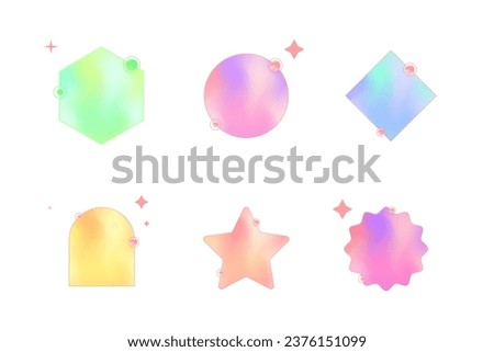 Cute aesthetic neon gradient elements, trendy geometric shapes such as circle, star, polygonal, rhombus, arch with sparkles for social media, simple decorative vector set isolated. Girly y2k style.