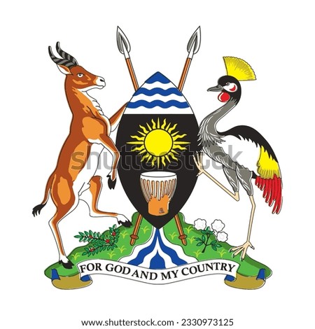 Editable vector of Uganda's coat of arms, showcasing a shield with national emblems including a crested crane, Ugandan Kob, and a drum, supported by spears and decorated with a radiant sun.