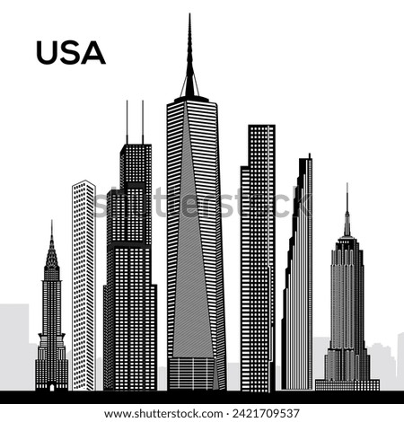 Iconic skyline silhouette captures the majesty of USA's tallest buildings: One World Trade Center, Central Park Tower, Willis Tower, 432 Park Avenue, and 111 West 57th Street
