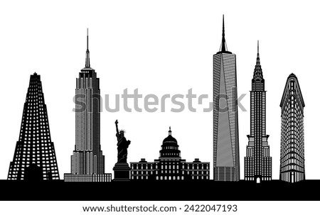 Vibrant vector silhouette of iconic USA skyline, featuring landmarks like Empire State Building, One World Trade Center, Statue of Liberty, and more, capturing their majestic presence in stunning deta