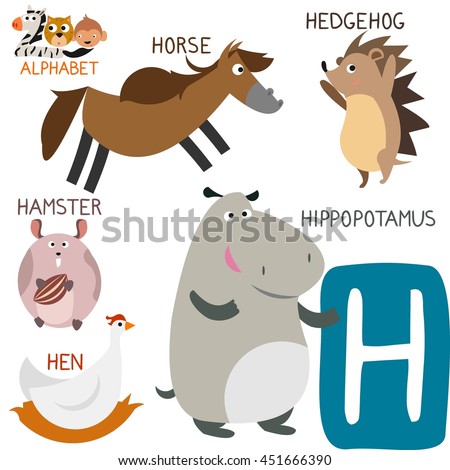 Cute Animal Zoo Alphabet. Letter H For Hippopotamus, Horse, Hedgehog ...